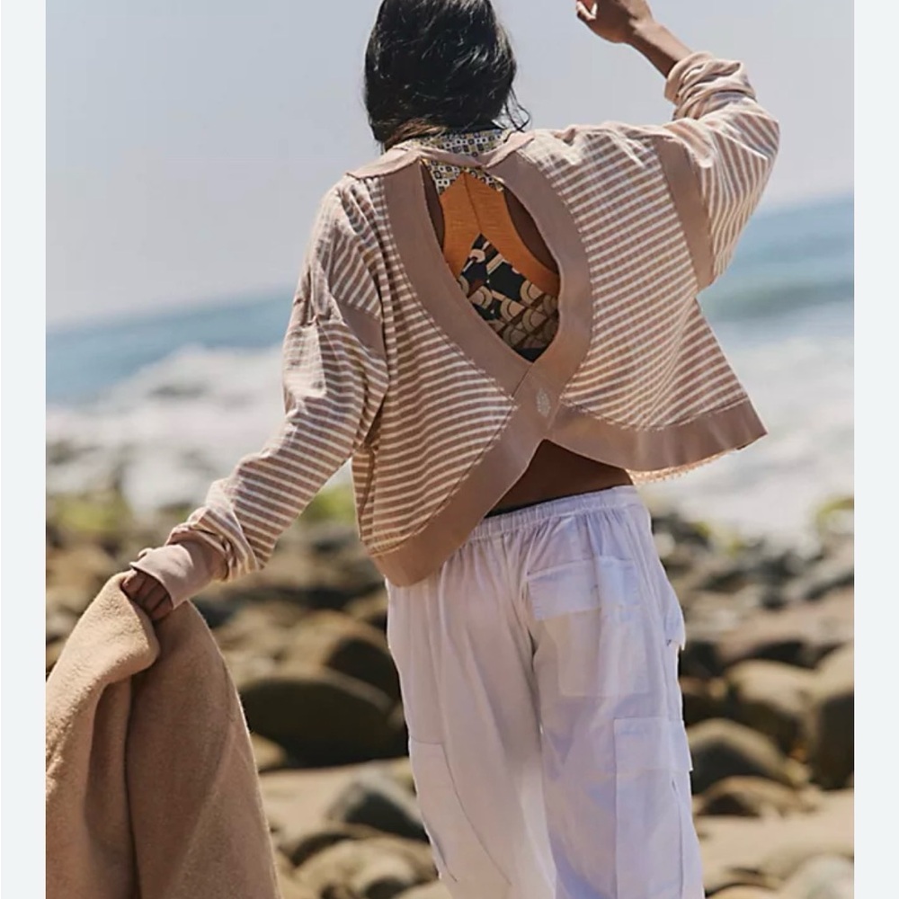FP Movement by Free People Beige and White Striped Cropped Long Sleeve Top - Picture 2 of 8